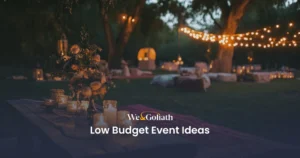 Welcome to Our Budget-Friendly Event Planning Guide We and Goliath cover for low budget event ideas, showing an outdoor table under string lights