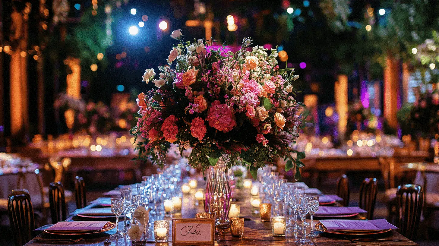 Floral centrepiece on a set dinner table at an evening event