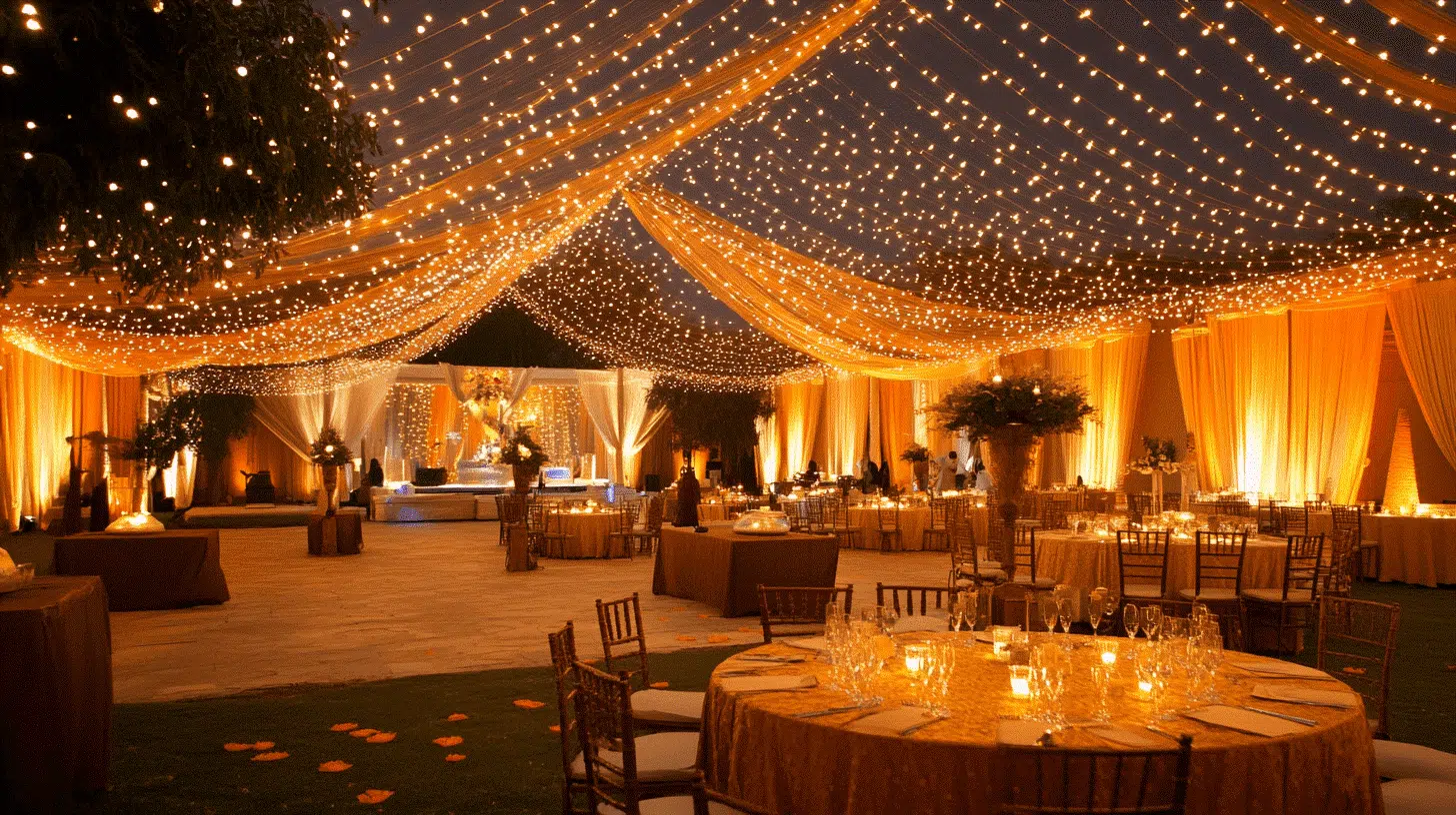 Marquee strung with fairy lights over set round tables