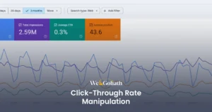Navigating the Risks of Manipulating Click-Through Rates We and Goliath cover for click-through rate manipulation, showing an analytics dashboard