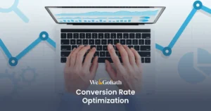 Enhancing Conversion Rates Through Strategic Site Optimization We and Goliath cover for conversion rate optimization, showing a laptop with growth charts