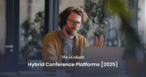 What Defines an Outstanding Hybrid Conference Platform in 2025 We and Goliath cover for hybrid conference platforms in 2025, showing a man on a video call