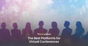 Leading Platforms for Online Events in 2025 We and Goliath cover for the best platforms for virtual conferences, showing silhouetted attendees
