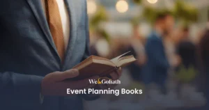 Our Top Recommended Books for Effective Event Planning We and Goliath cover for event planning books, showing a person reading a book