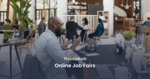 Essential Tools and Platforms for Virtual Job Fairs We and Goliath cover for online job fairs, showing a candidate at a video interview