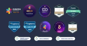 5 Awards, 5 Solutions: How We're Fixing the Broken Parts of the Event Industry Wall of We and Goliath industry awards from Eventex, Clutch, Capterra and the Symbol Awards