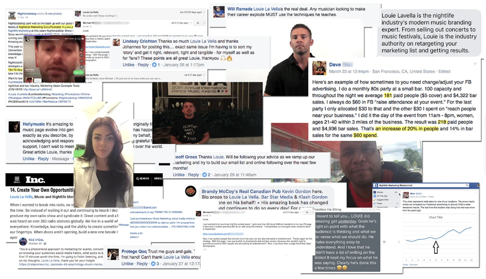 Testimonials and results from a nightlife coaching program funnel