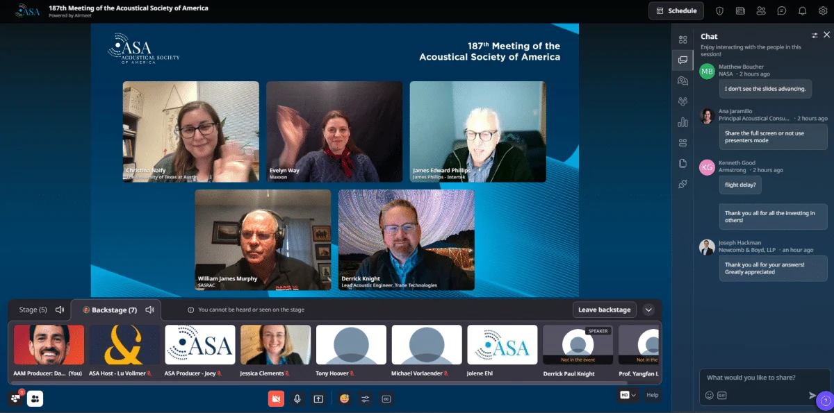 A produced virtual session with speaker grid, slides and moderated chat