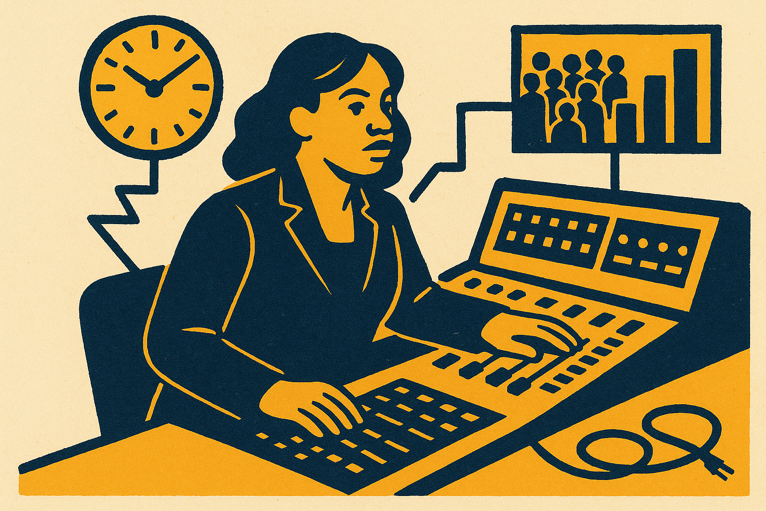 One producer at a control desk owning strategy, timelines, stakeholders, and business reporting for a Fortune 500 event