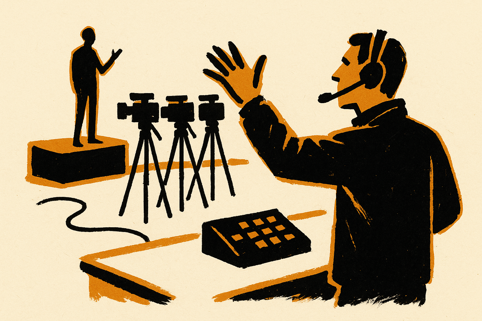 A show caller cues a three-camera live event production