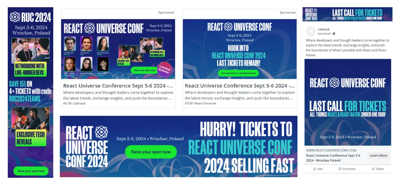 Retargeting ad creatives for a developer conference across display and social placements