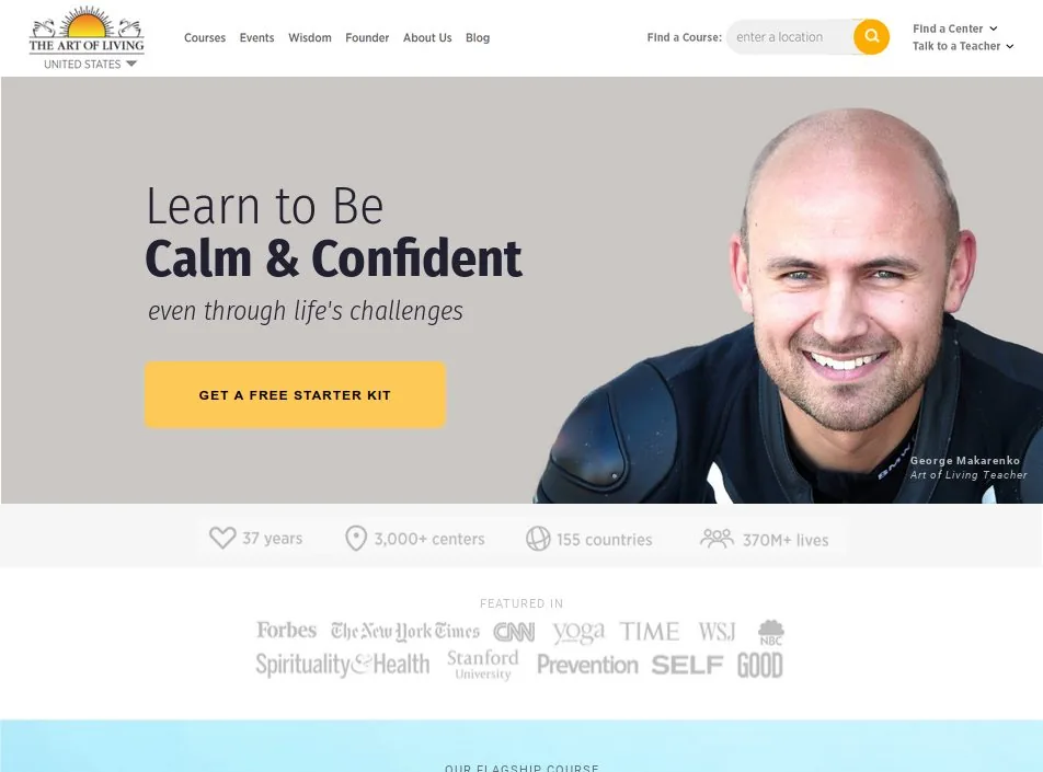 The redesigned Art of Living homepage: a full-width hero reading Learn to Be Calm and Confident, one call to action, and a bar of press logos