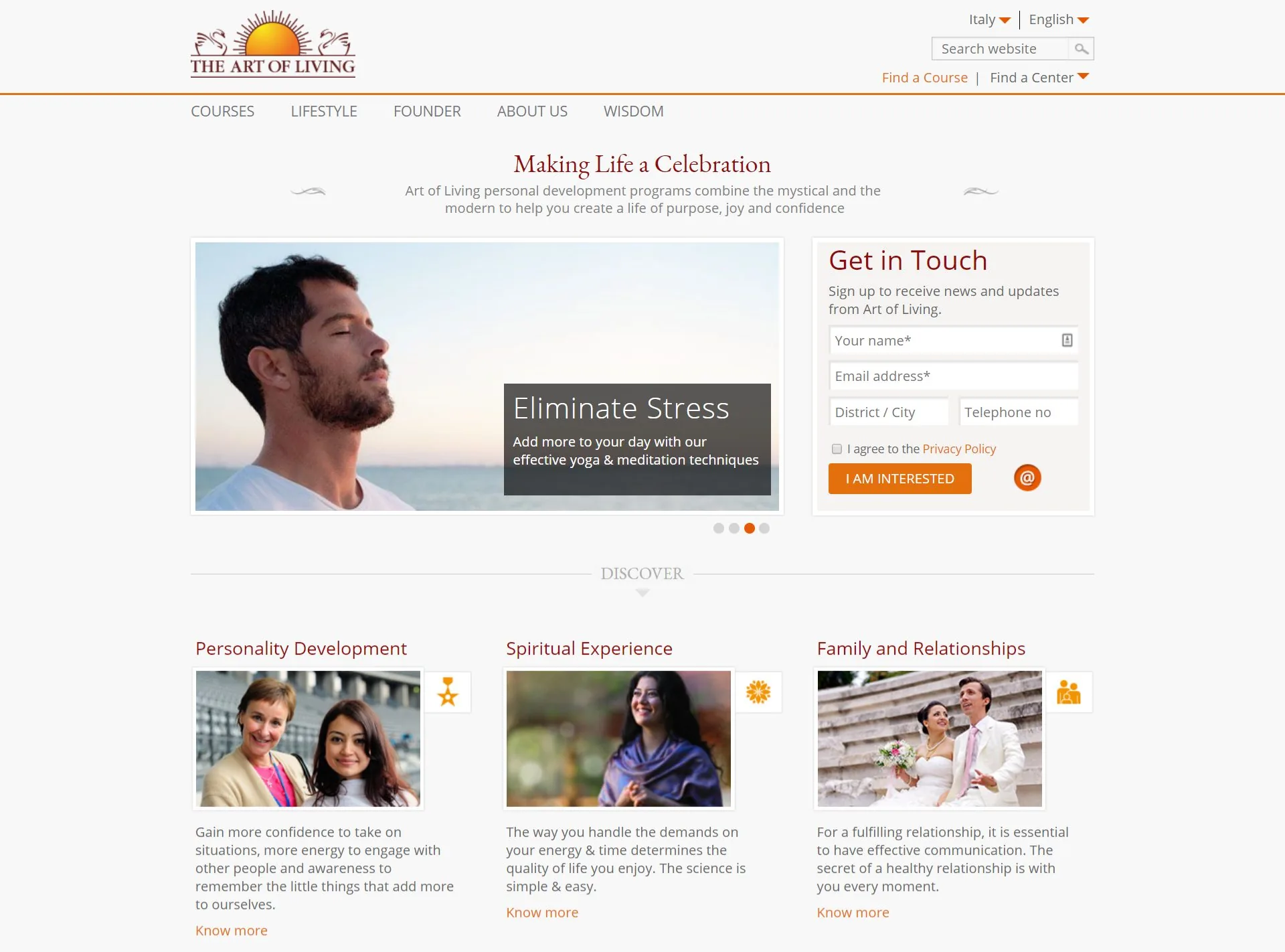 The original Art of Living homepage: a narrow carousel beside a Get in Touch form, over three small course cards