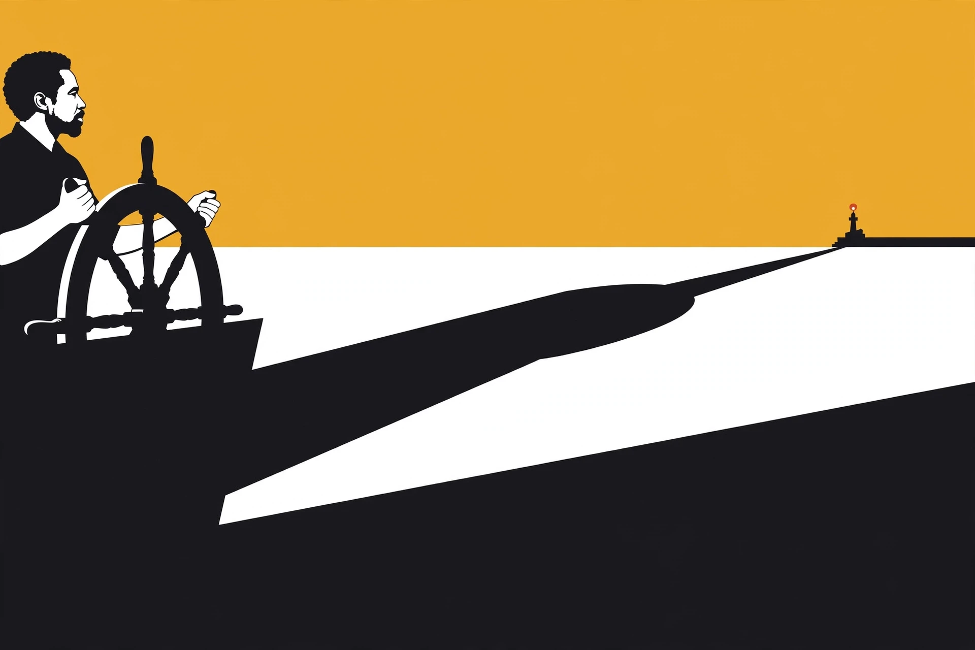 A middle-aged Black man steers a large ship's wheel toward a single harbour light on the horizon