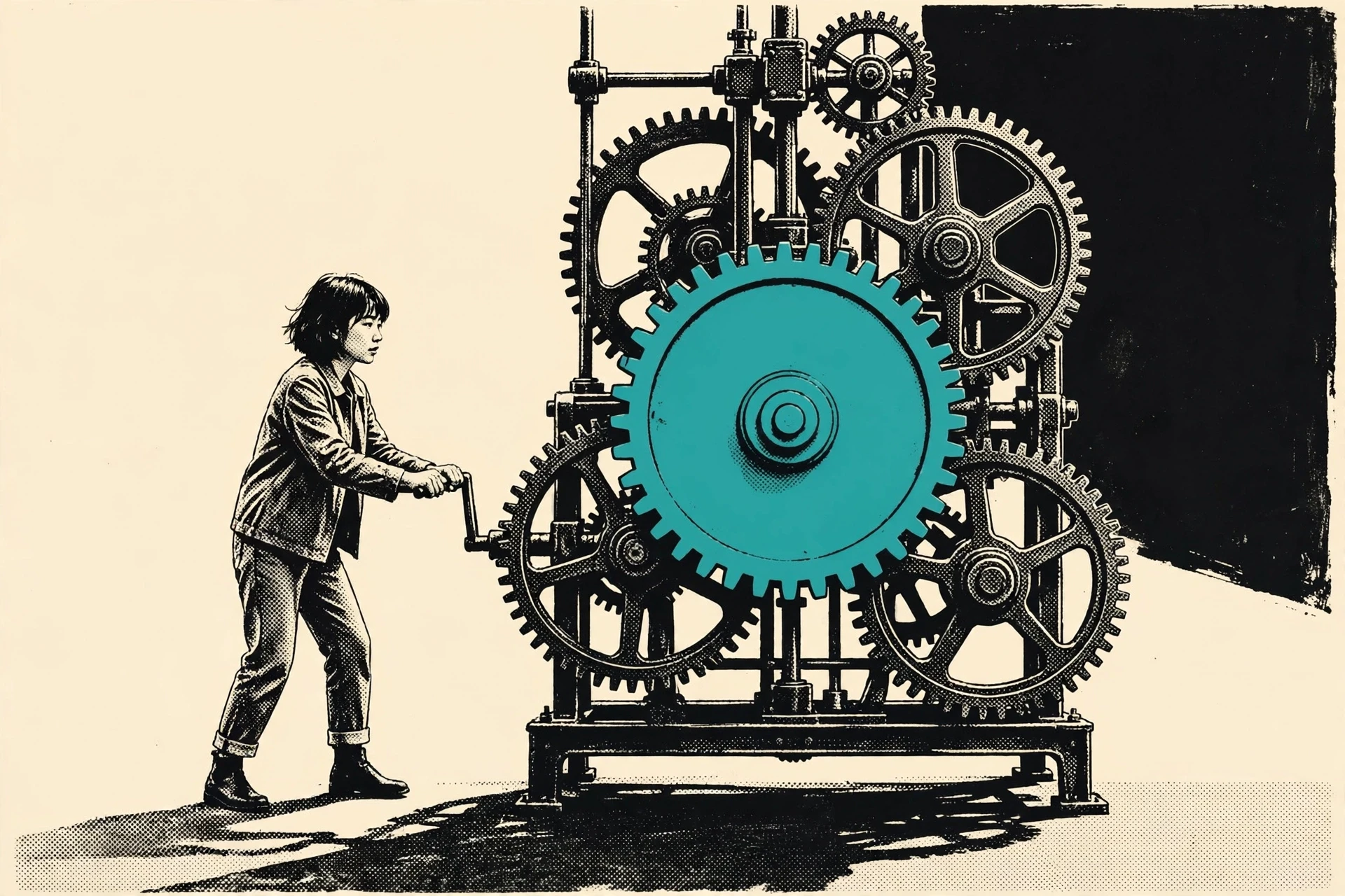 A young Japanese woman turns a crank that drives one machine of interlocking gears