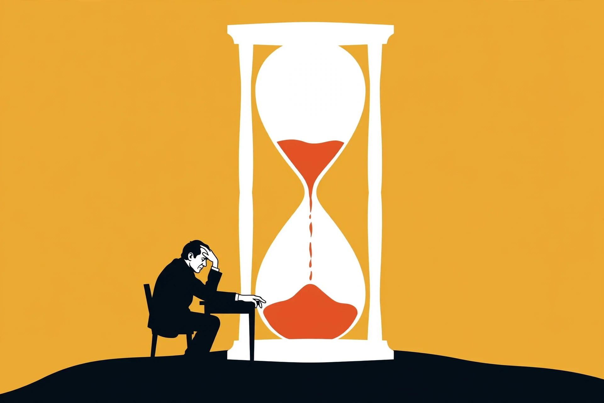 A middle-aged white man at a small desk sits beside a towering hourglass, rubbing his forehead