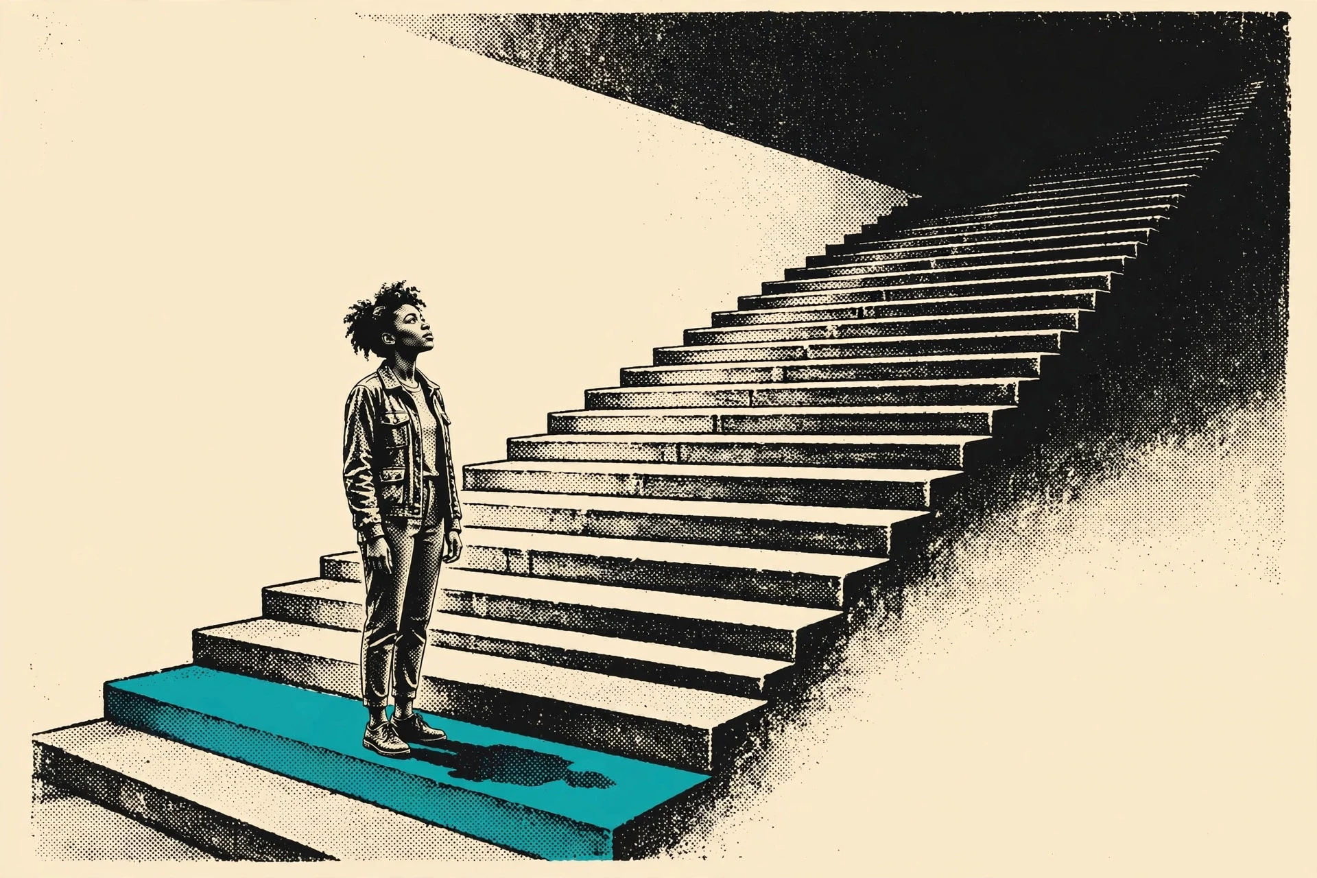 A young Black woman stands on a low step of a wide stone staircase, looking up at the steps ahead
