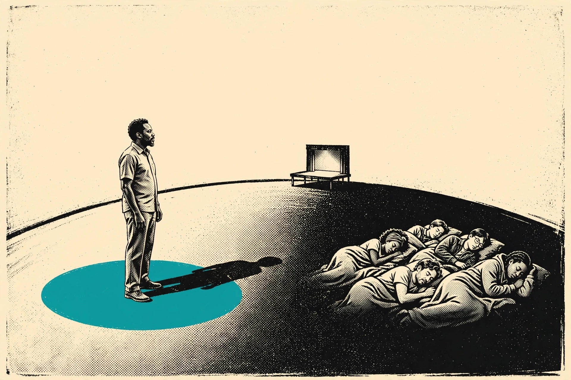 A middle-aged Nigerian man stands in a teal pool of morning light on a half-lit planet while others sleep in its night