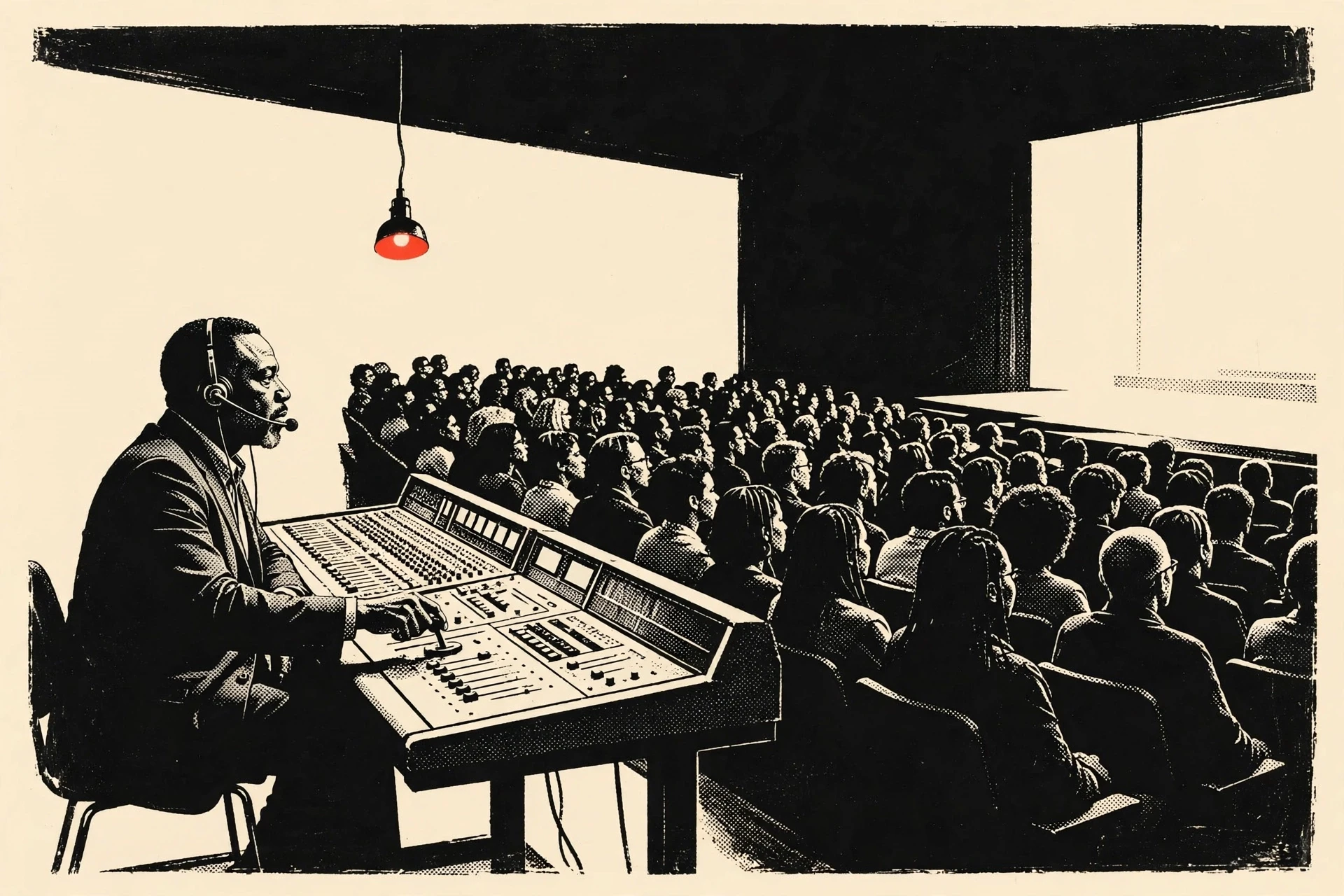 A show caller at a mixing desk under a red cue light, facing a full audience