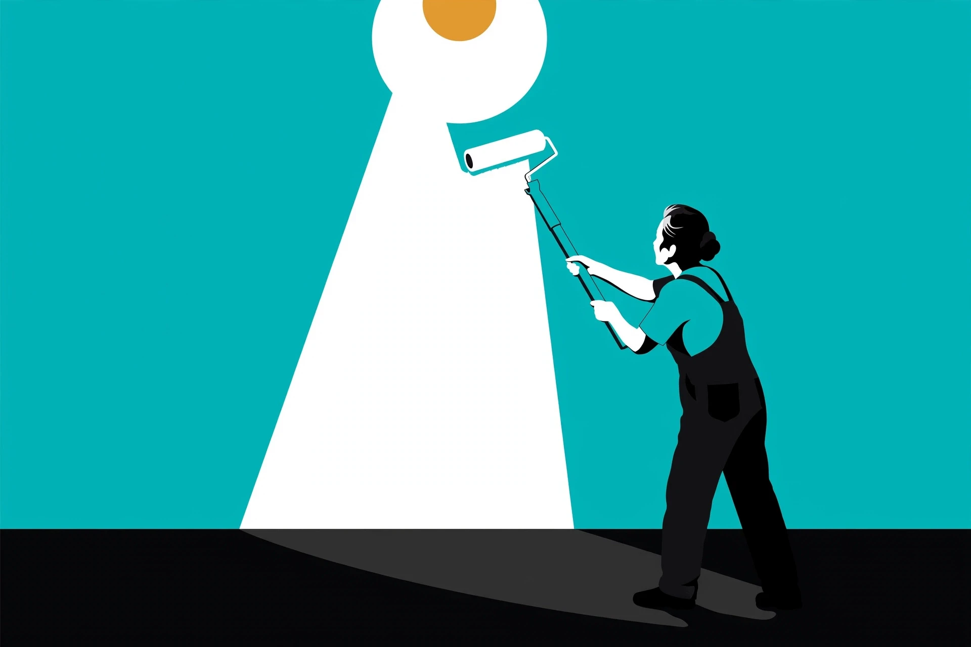 A painter rolls a spotlight onto a blank wall