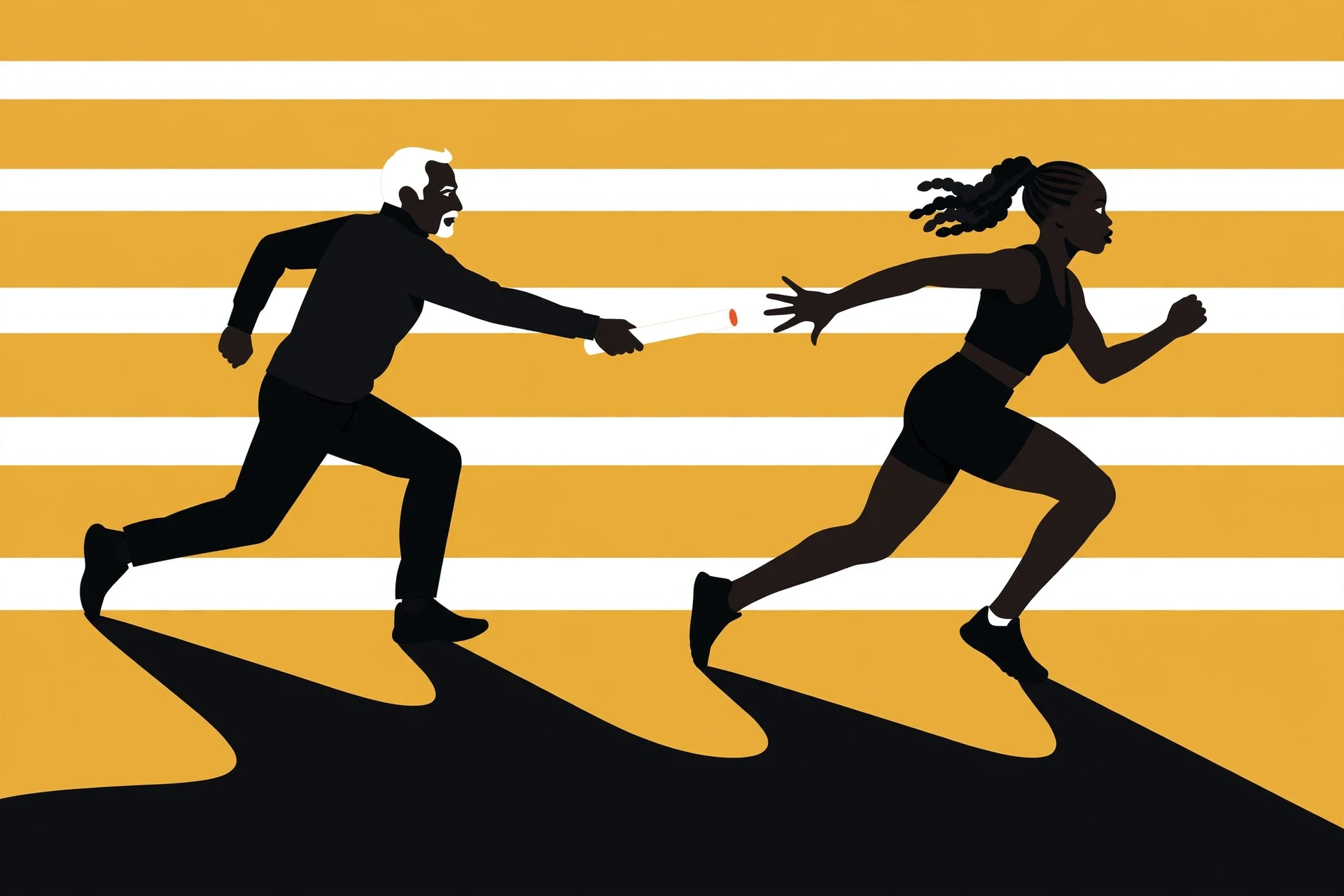 A young Nigerian woman runner reaches back for a baton as a gap opens between the two runners