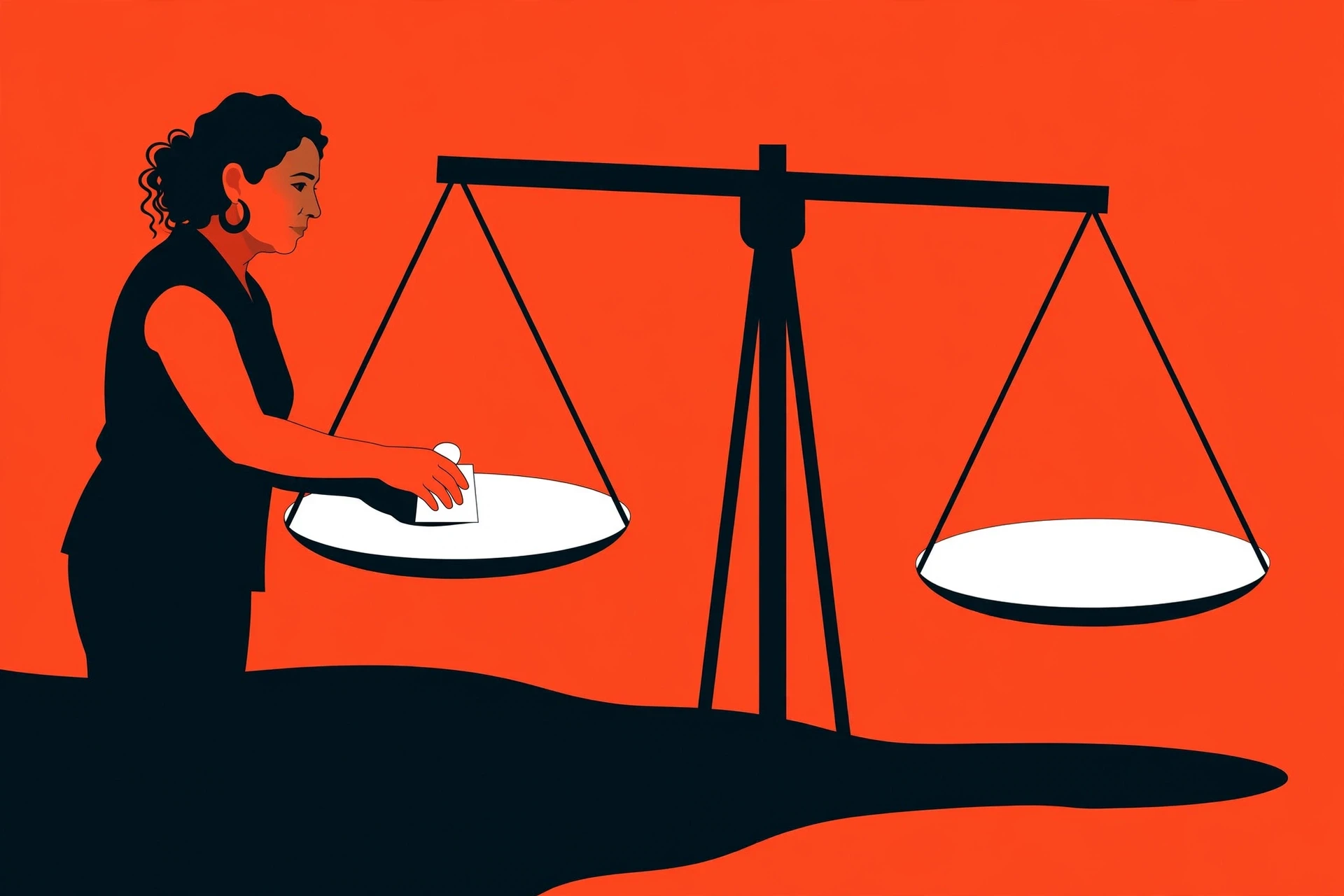 A middle-aged Latina woman places a small weight on a balance scale so both pans sit level