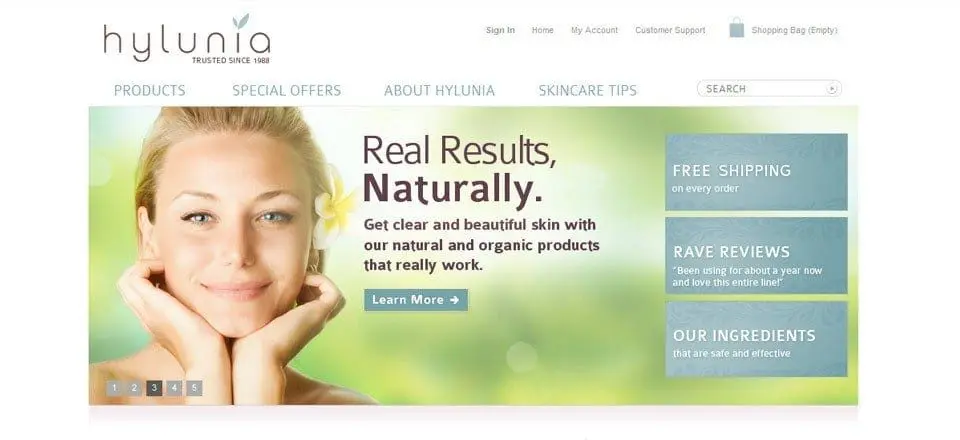 The redesigned Hylunia homepage: a white header over a single product hero reading Real Results, Naturally
