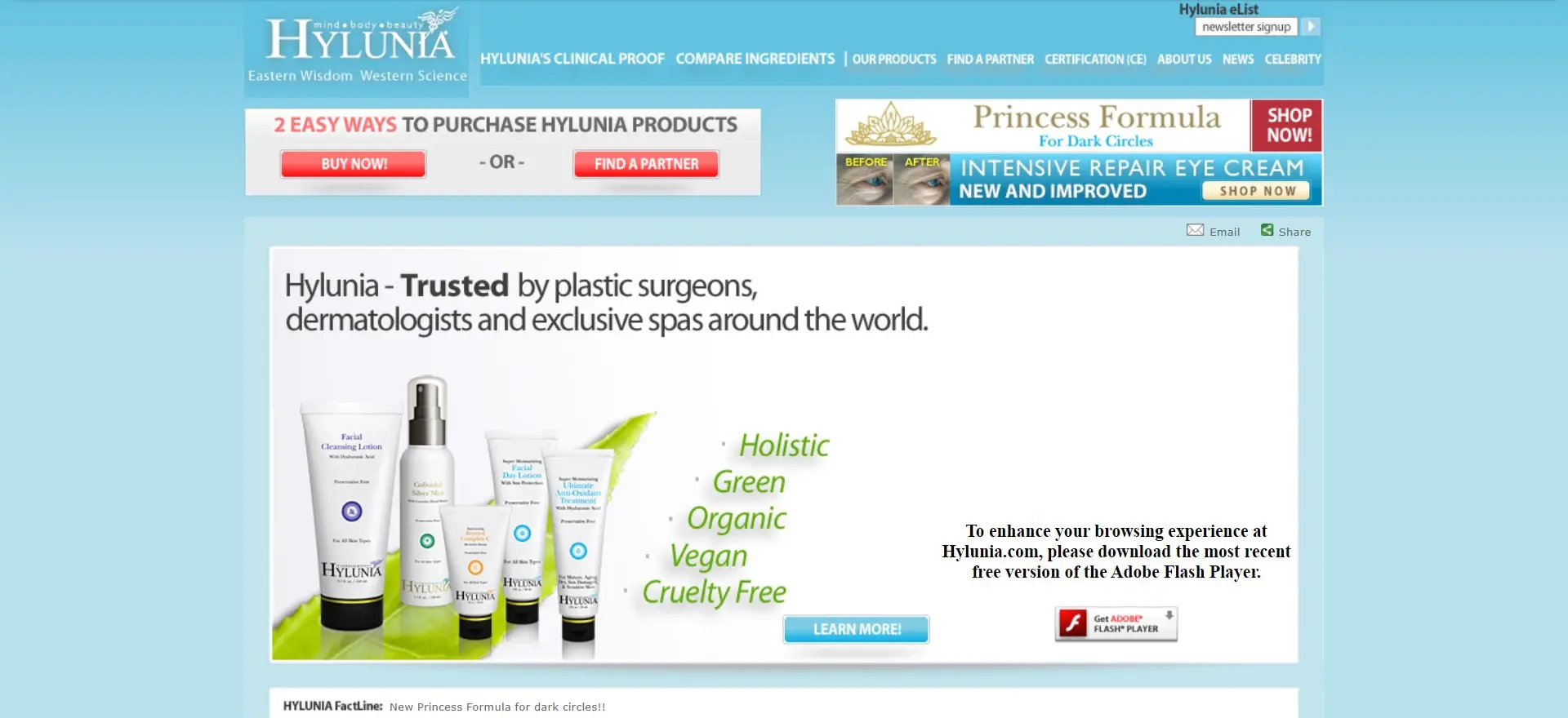 The original Hylunia homepage: a cyan template crowded with promotional banners and a notice asking visitors to install Adobe Flash