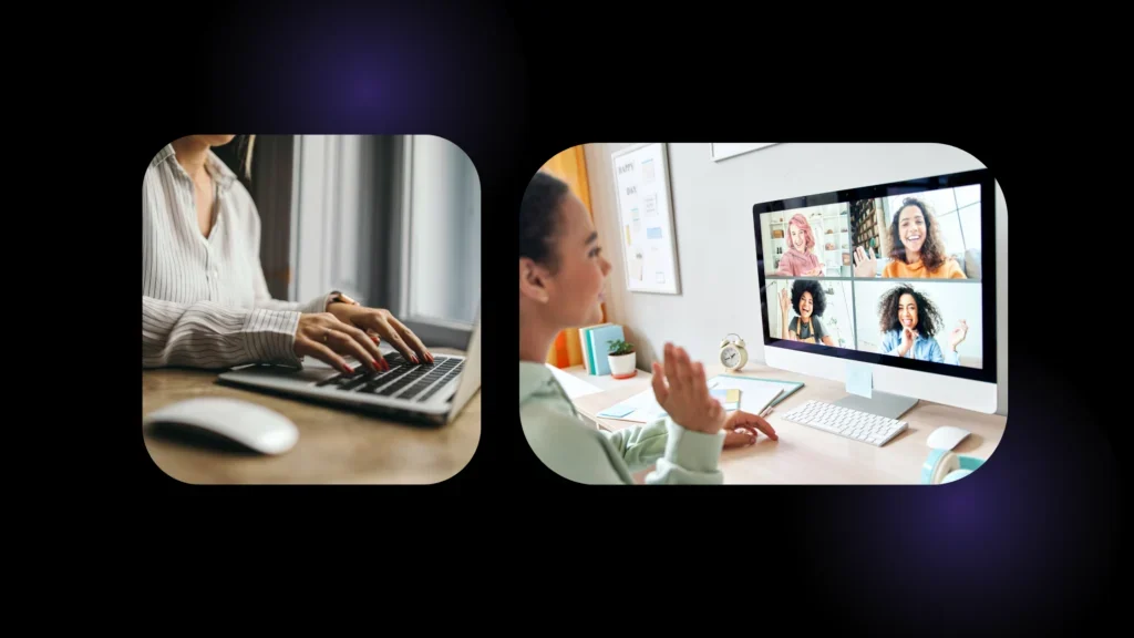 Two people taking part in online community events: one typing on a laptop, one waving to a four-person video call on a desktop screen