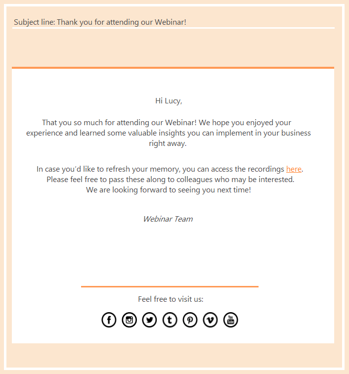 Post-webinar thank-you email mockup with the subject line Thank you for attending our Webinar and a link to the recordings