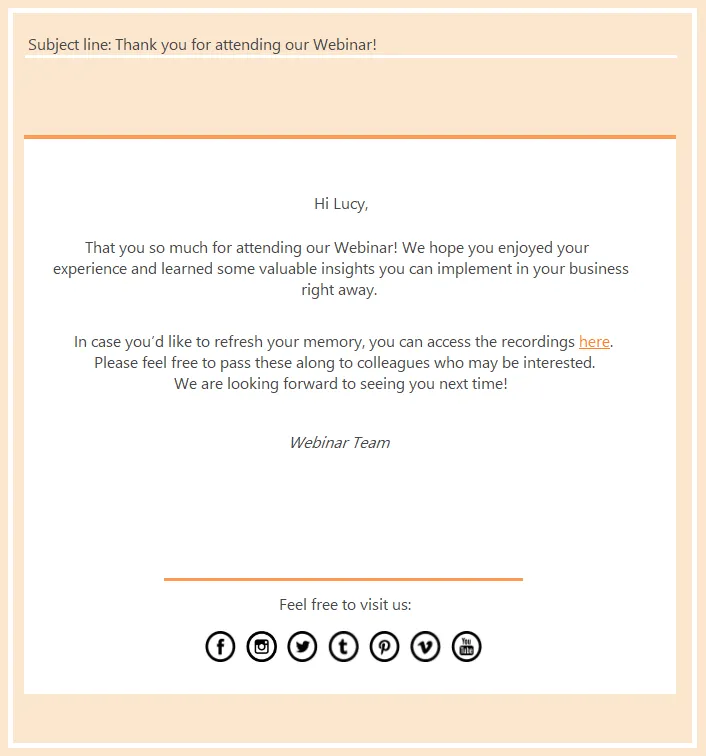 Post-webinar thank-you email mockup with the subject line Thank you for attending our Webinar and a link to the recordings