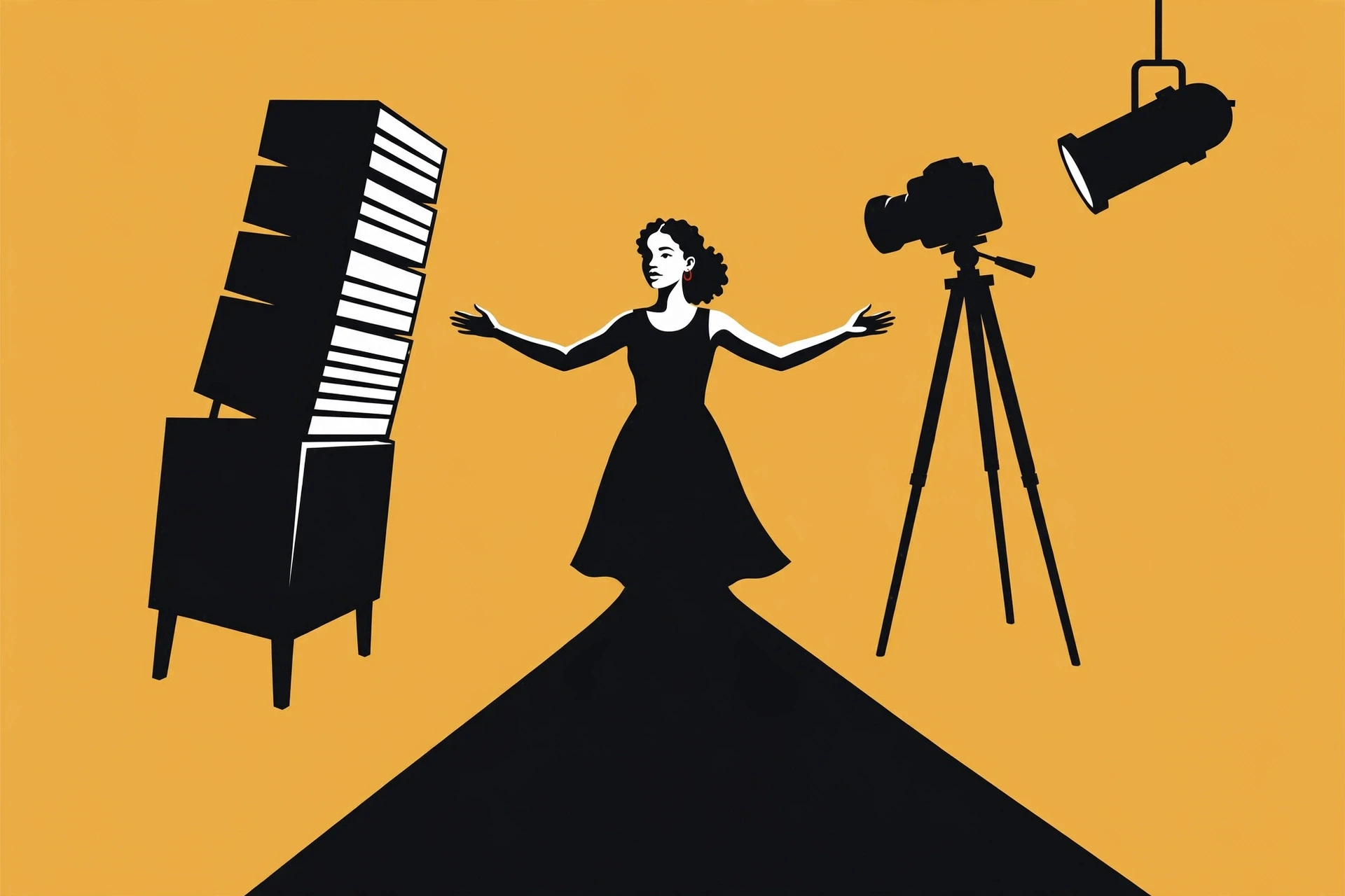 A young Black woman stage manager stands at the centre of a wide stage, arms open, calmly directing the whole show
