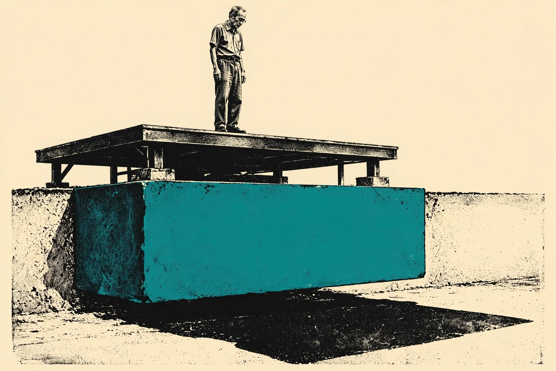 An older Filipino man stands on a stage that rests on a deep stone block, shown in cutaway below the ground