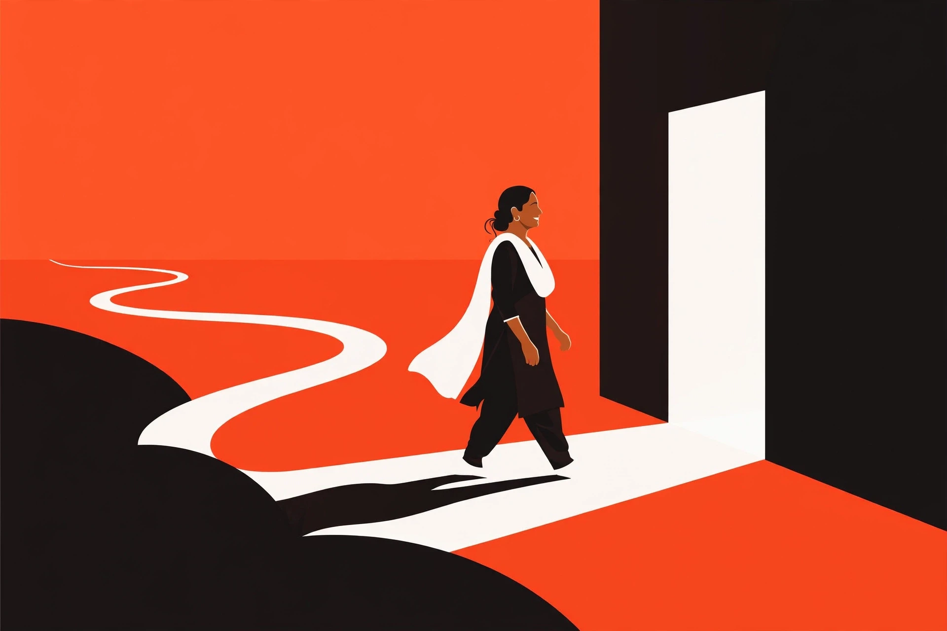 A middle-aged South Asian woman walks back along a curving path toward an open, warmly lit doorway