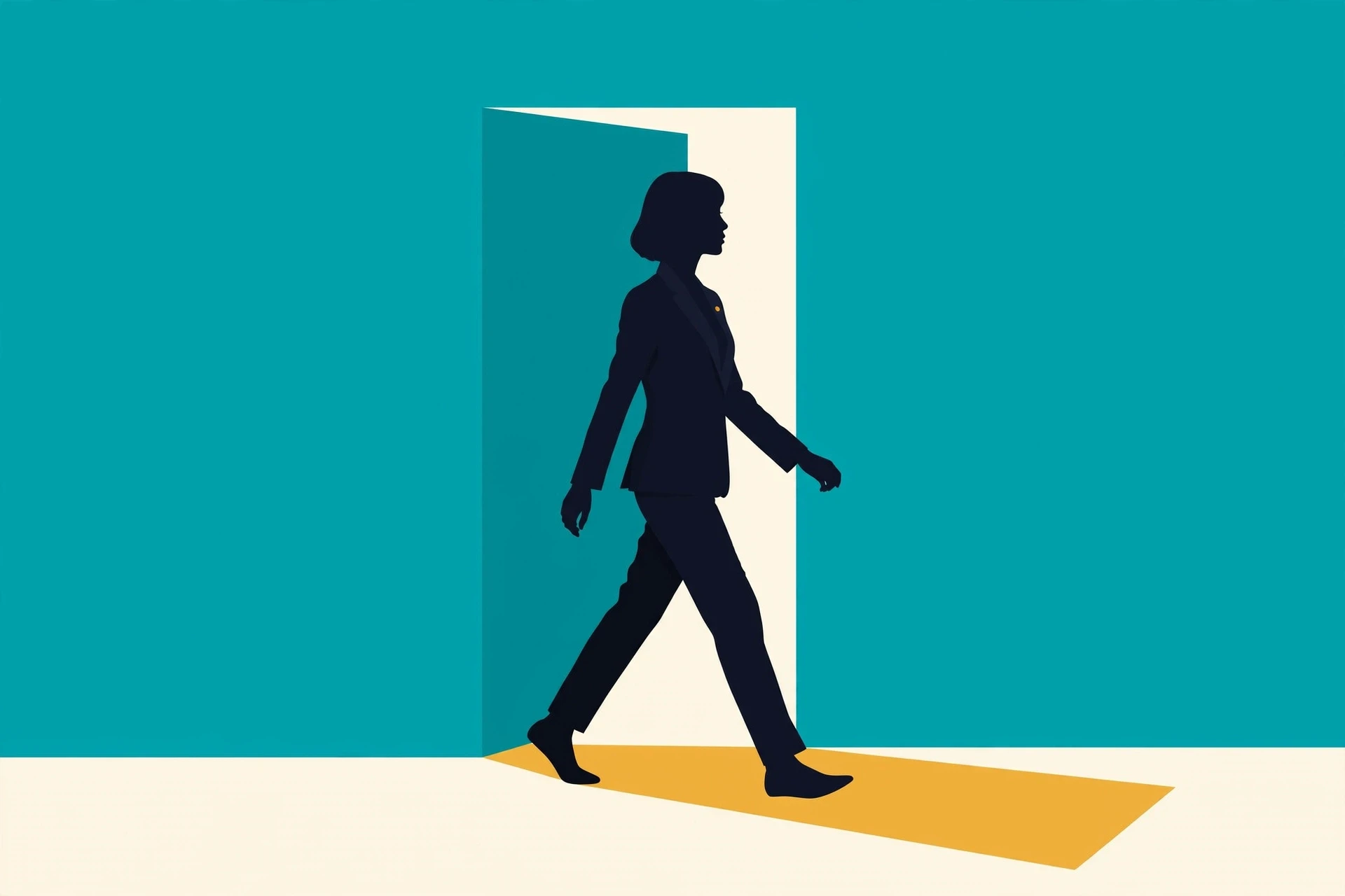 A young Vietnamese woman steps through a doorway cut to her exact shape in a tall teal wall