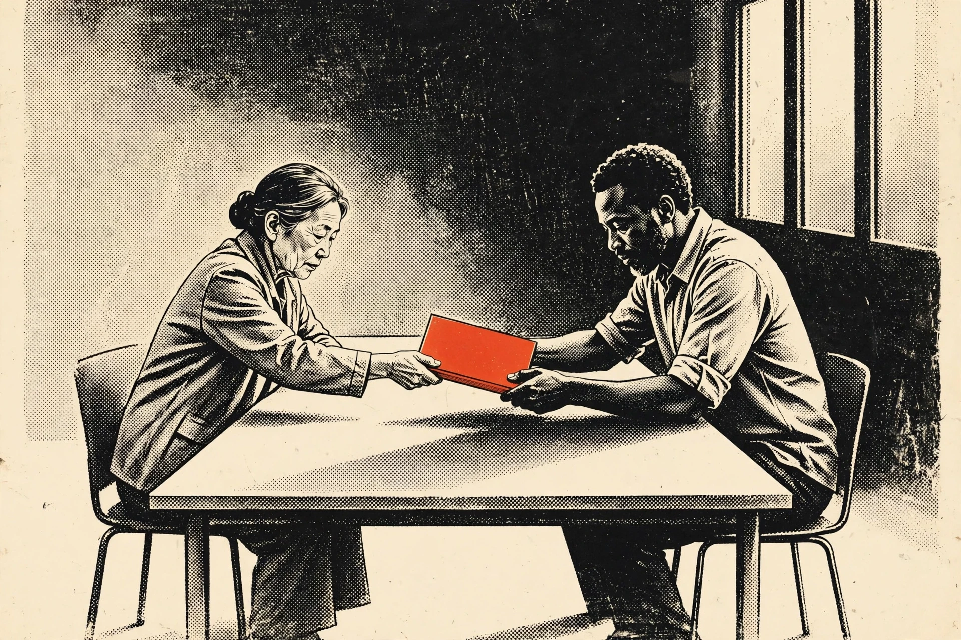 A middle-aged Black man takes hold of a thick red bound document handed across a table by an older Japanese woman