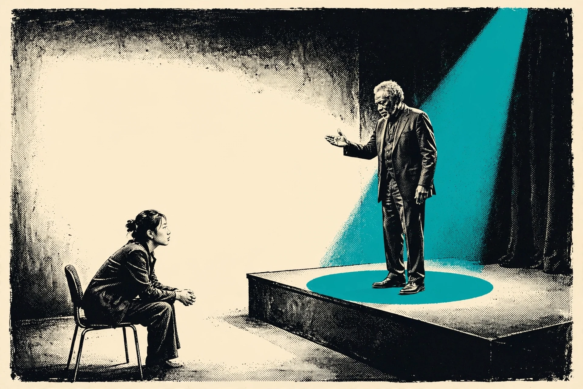 An older Black man rehearses on an empty stage while a young Chinese woman producer watches from the front row