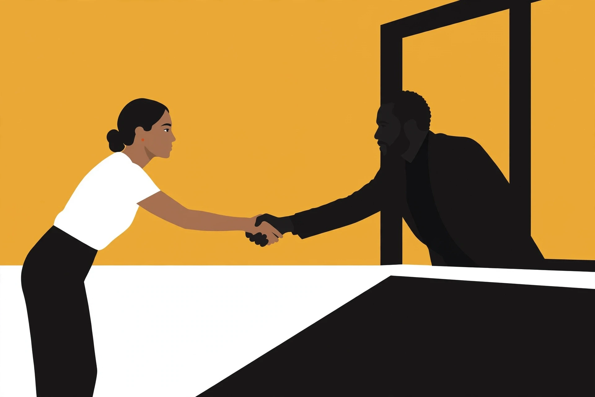 A young Filipino woman on stage shakes hands with a middle-aged Black man leaning through a window from his living room