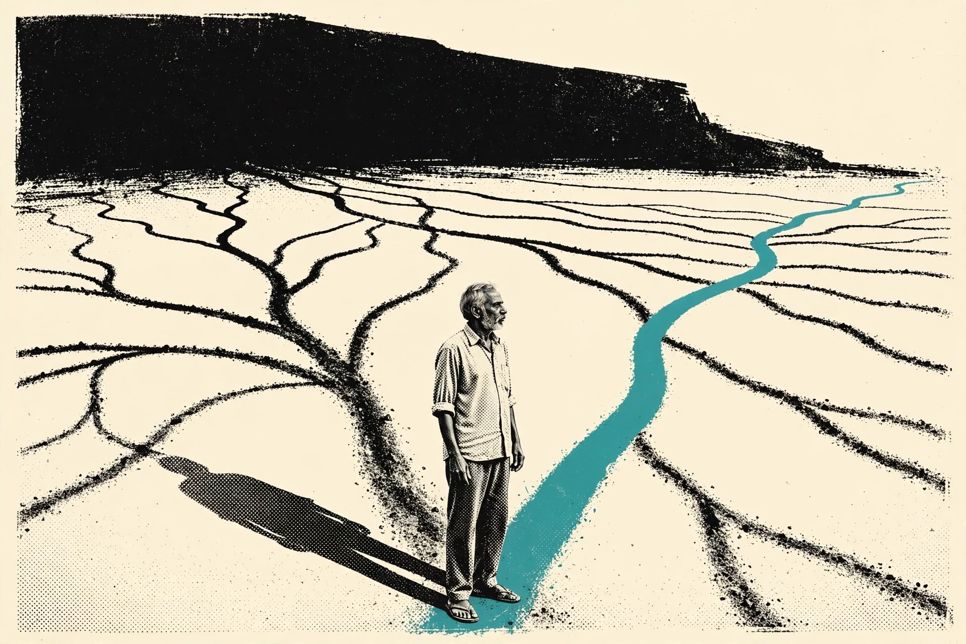 An older Indian man stands where one path splits into many, looking at the one he will take