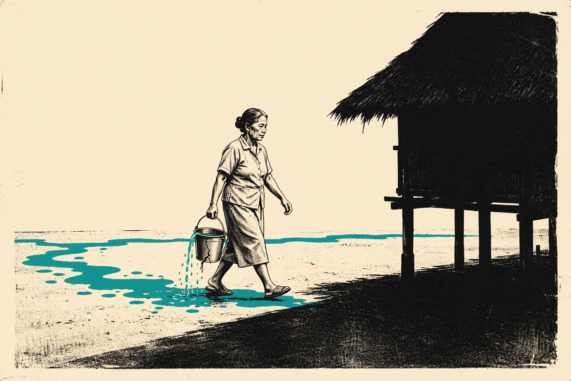 A middle-aged Filipino woman carries a bucket across a yard as water drips from a crack in its base