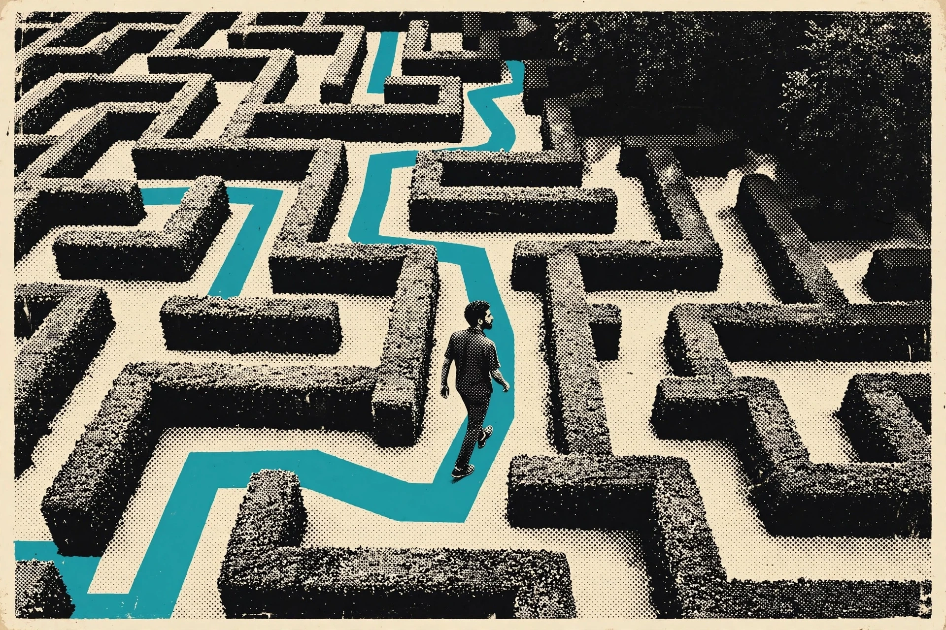 A young Egyptian man walks inside a tall hedge maze, the long path behind him winding back and forth