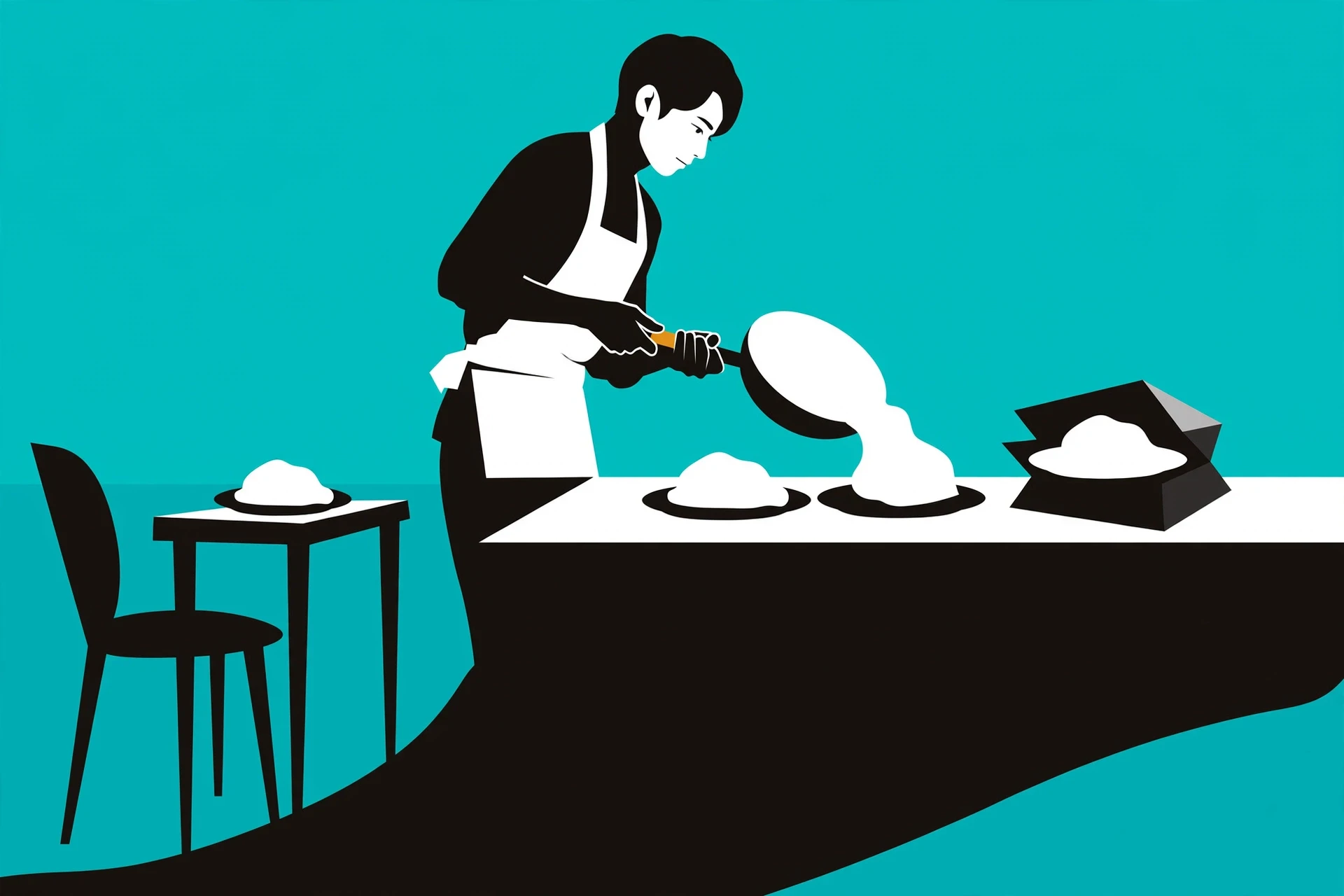 A young Japanese chef slides food from one pan onto two plates, one for a table and one for delivery