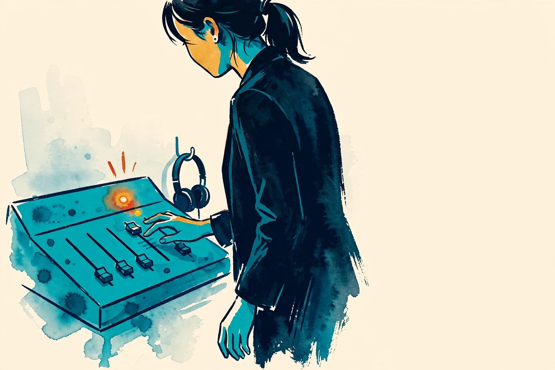 a hand adjusting a single fader on a mixing console