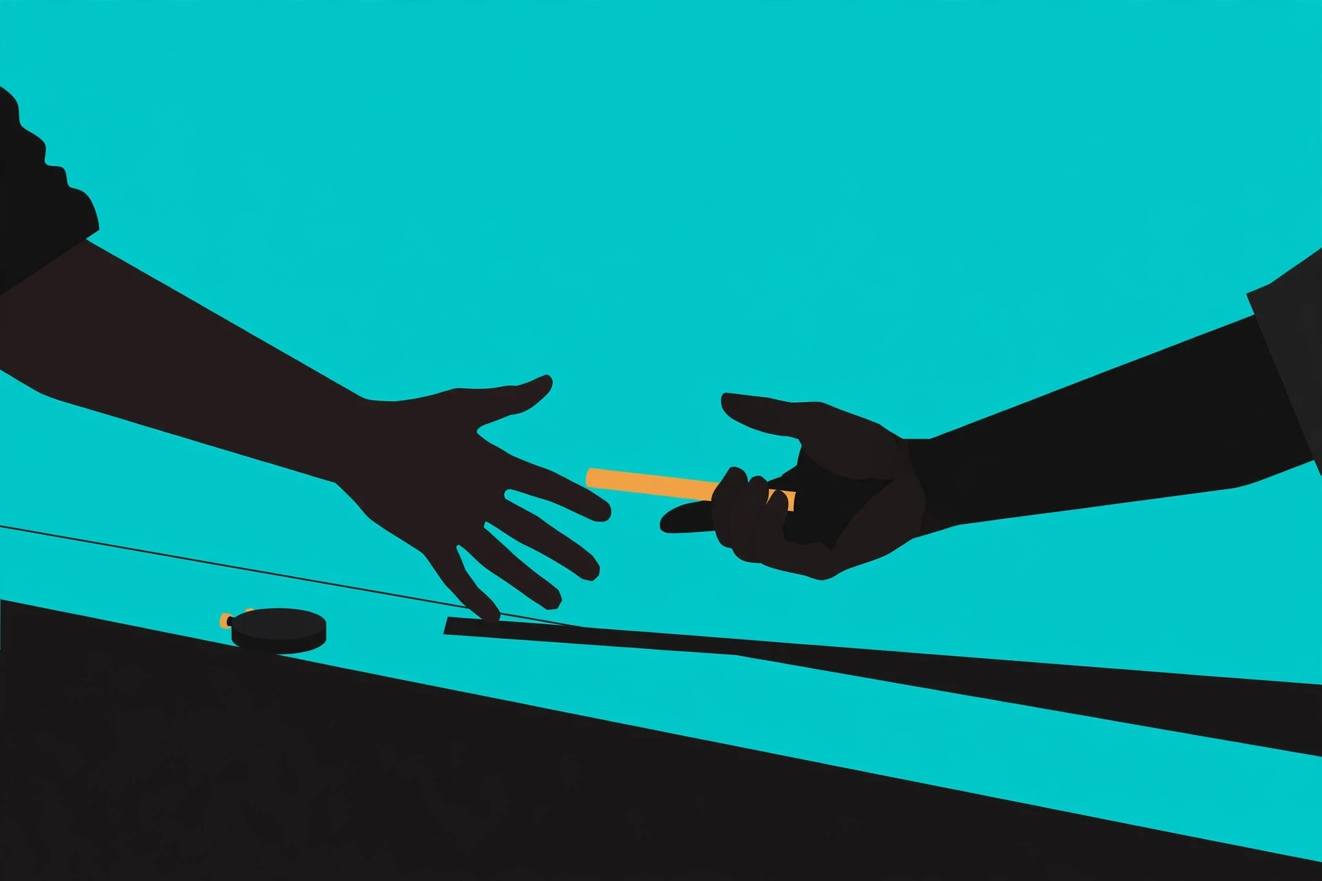 two hands mid-handoff passing a relay baton