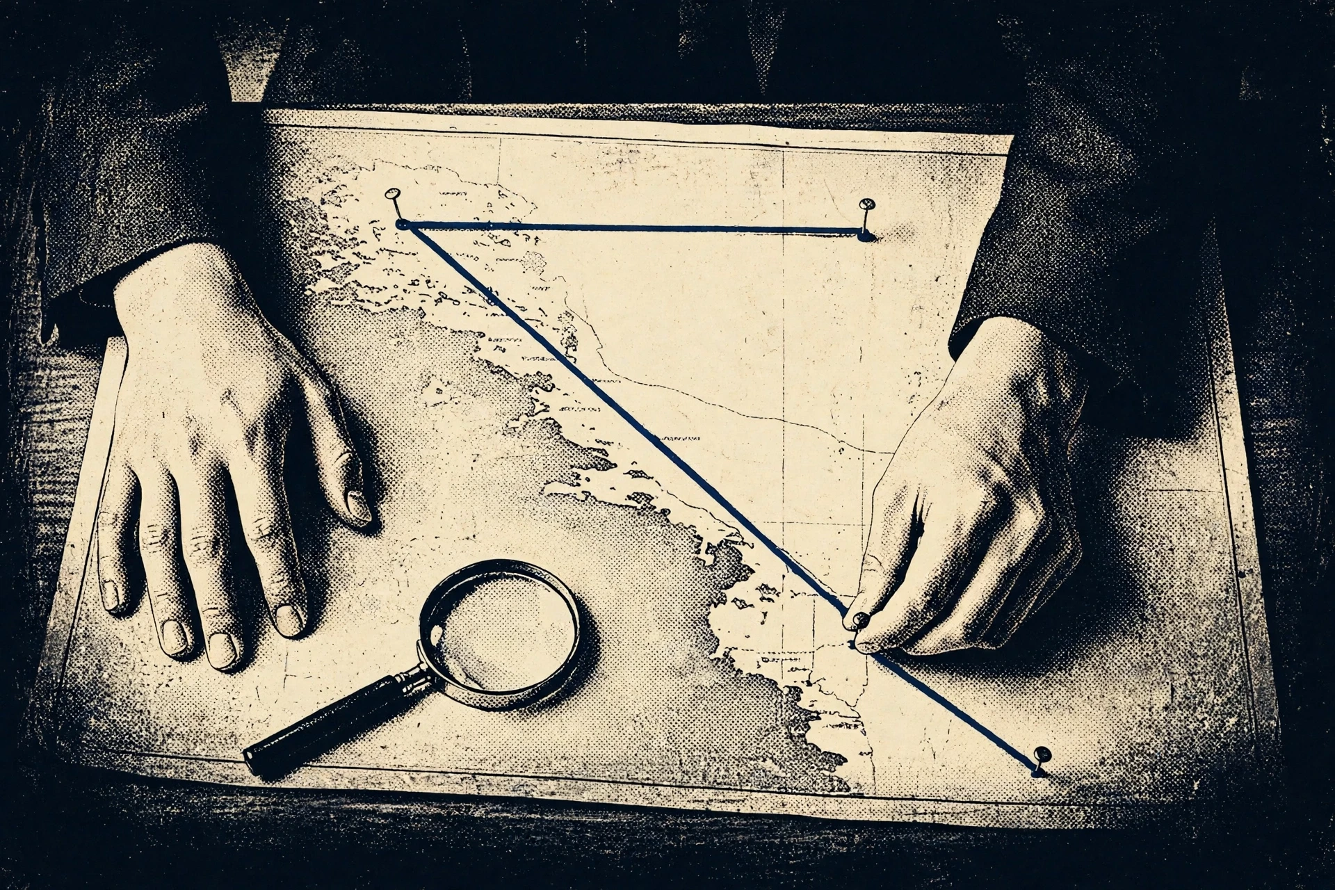 hands placing a pin and tracing a string across a map